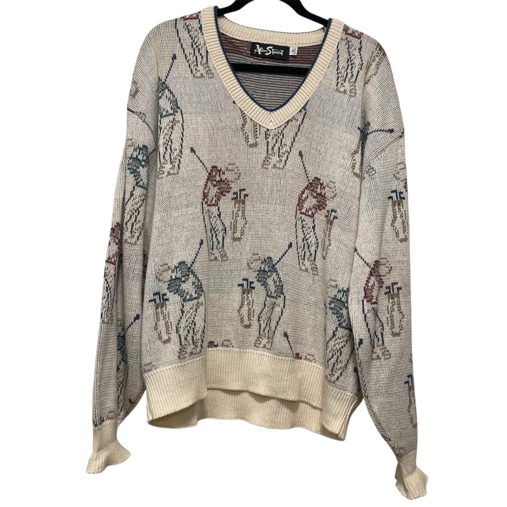 Vintage Alan Stuart Men’s Golf Golfer Graphic Knit Sweater Made In USA Size XL
